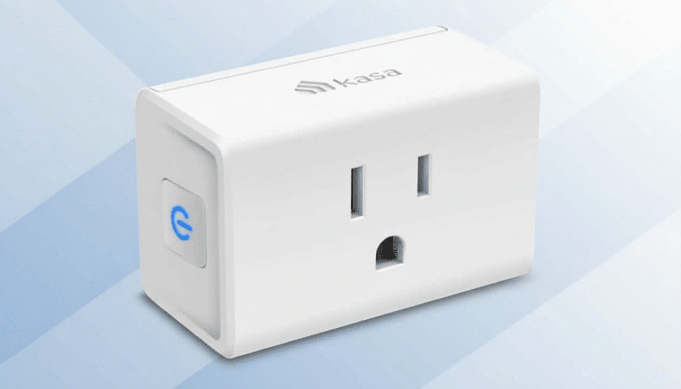 A white Kasa smart plug with a blue power button on a soft blue gradient background.