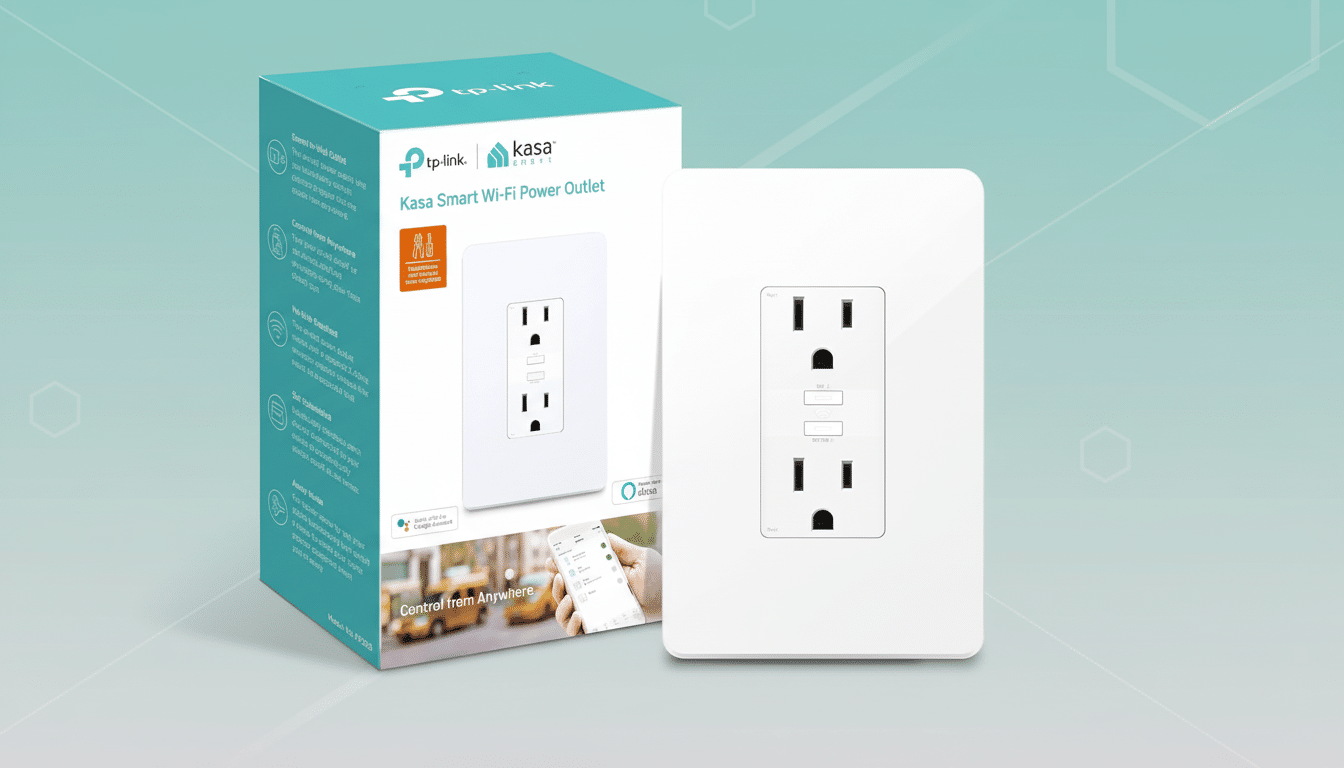 A K asa Smart Wi- Fi Power Outlet and its packaging are displayed against a professional flat design background with soft patterns.