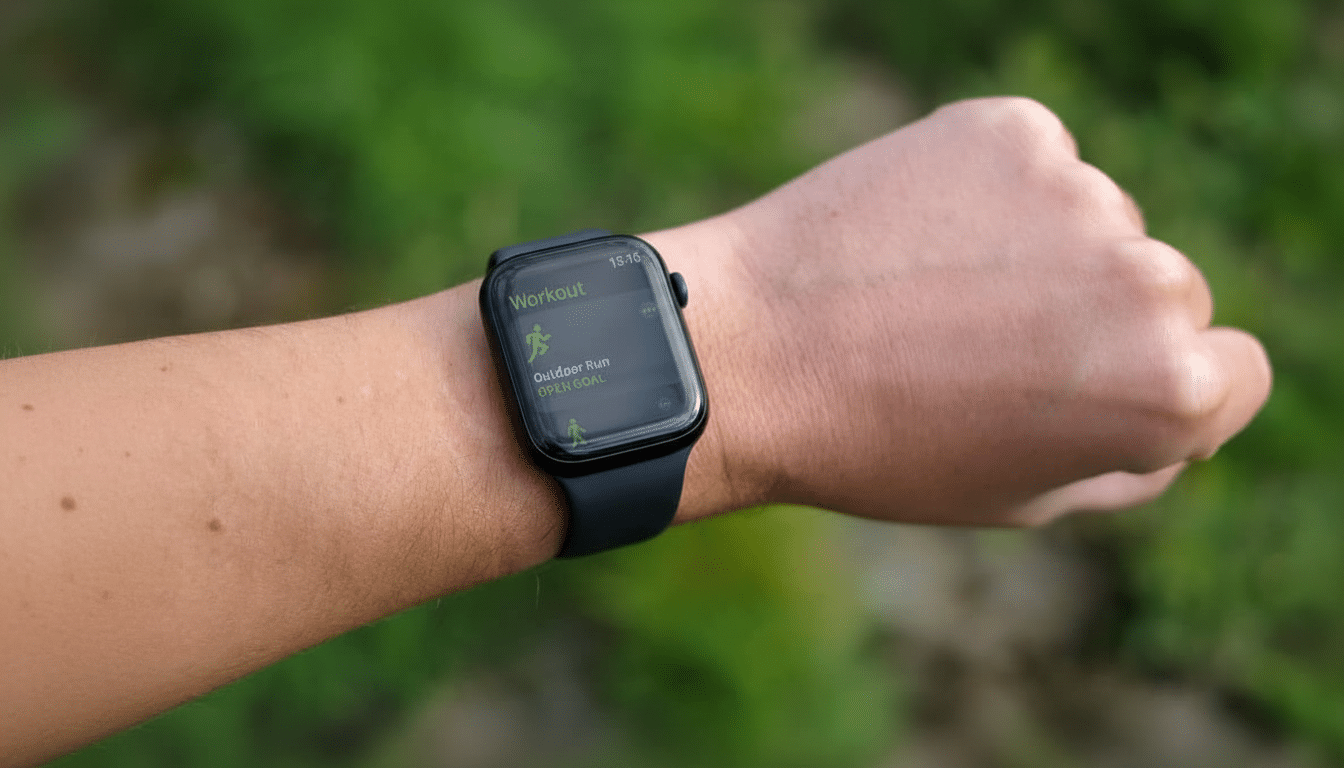 A close -up shot of a persons wrist wearing an Apple Watch, displaying the Workout app with Outdoor Run and Open Goal selected. The background is a na