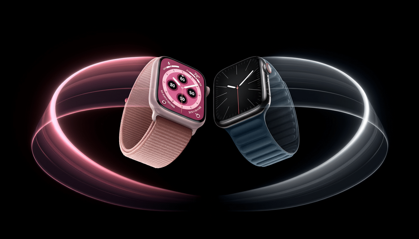 A professional image of two Apple Watches, one with a pink band and the other with a dark blue band, both displayed against a dark background with swi