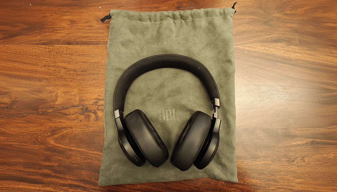 A pair of black JBL over -ear headphones resting on a green fabric pouch, all on a wooden surface.