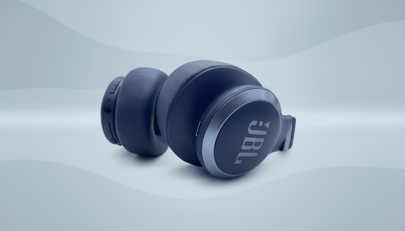 A pair of dark blue JBL over -ear headphones displayed on a light blue and grey gradient background with subtle wave patterns.