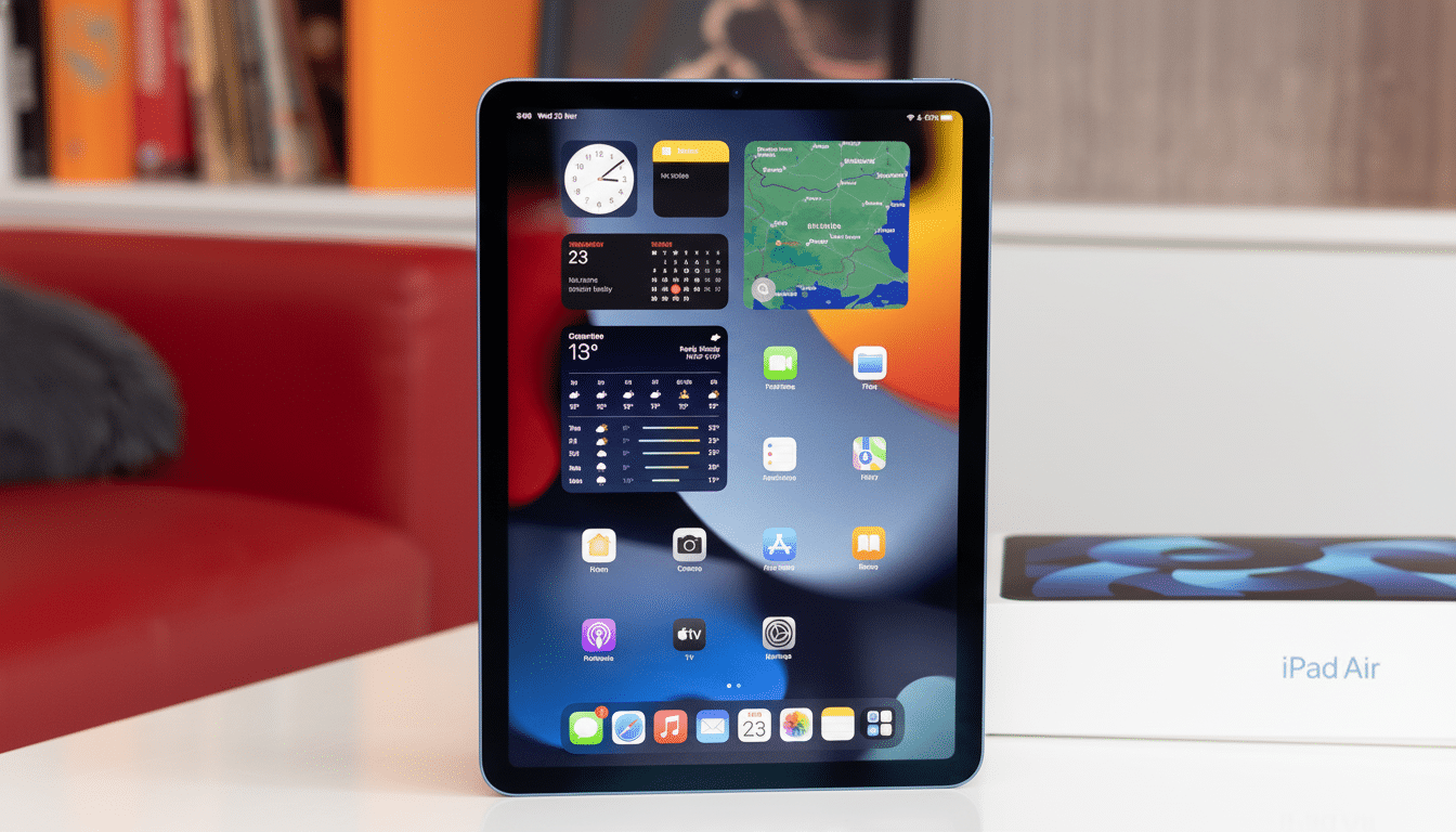 An iPad Air displaying its home screen with various app icons and widgets, set against a blurred background of a living space and its retail box.