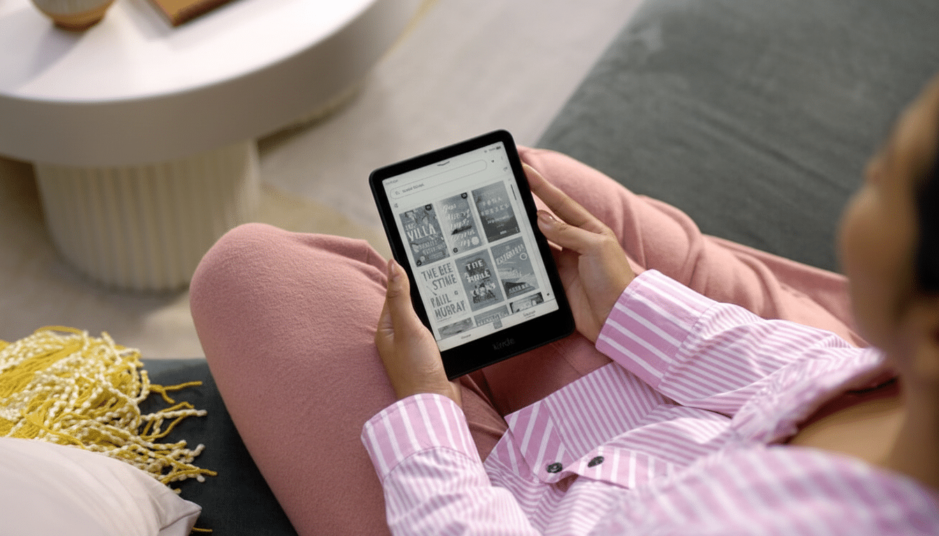A person in a pink striped shirt and pink pants holding a Kindle device and browsing through a selection of book covers, with a white side table and a