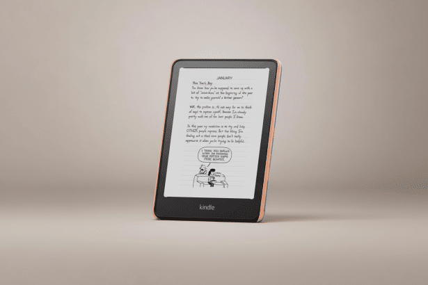 A Kindle e-reader displaying a page from Diary of a Wim py Kid on a plain beige background, resized to a 16: 9 aspect ratio.