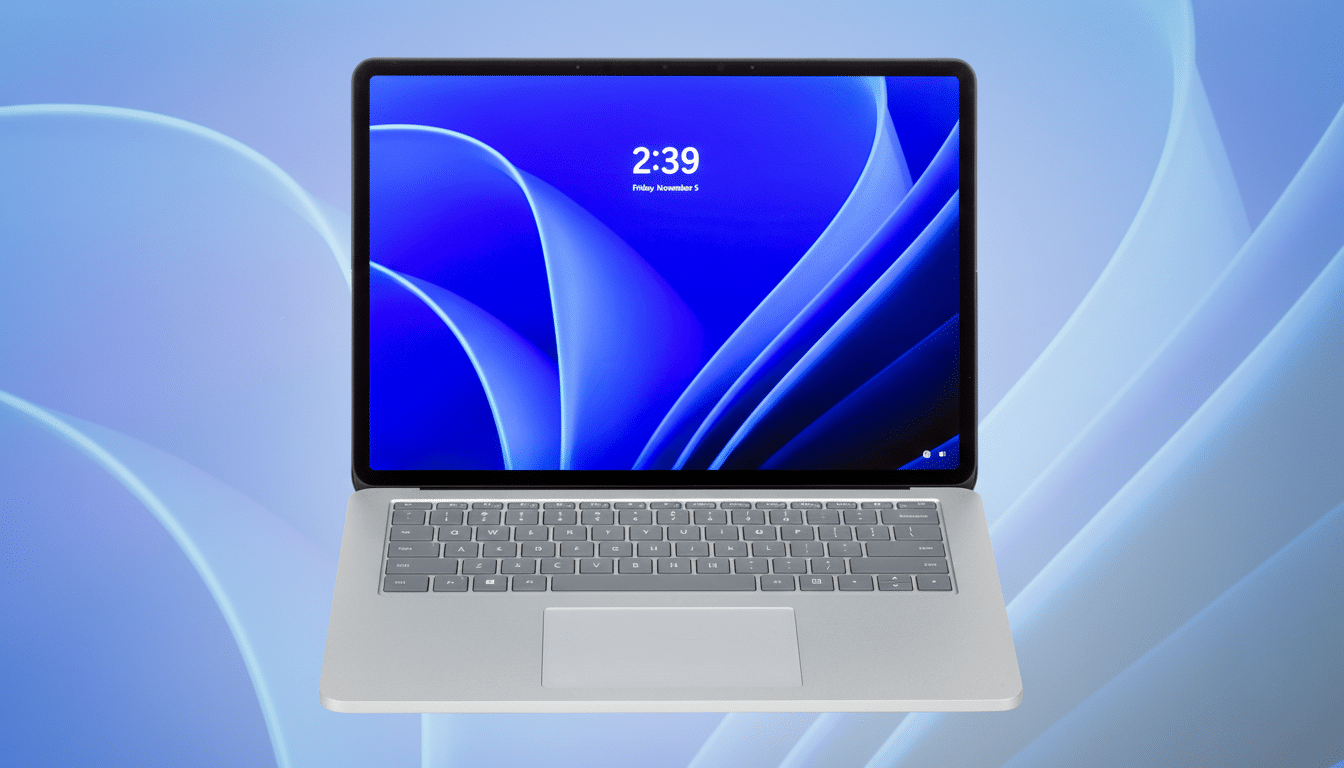 A modern silver laptop with a dark screen displaying 2: 39 Friday, November 5 against a blue abstract wallpaper. The background is a soft blue gradien