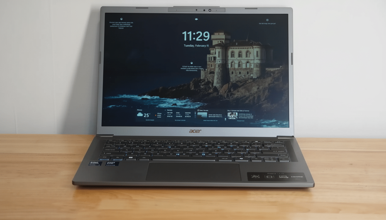A professional shot of a silver Acer laptop with a dark lock screen displaying the time, date, weather, and a castle by the sea.