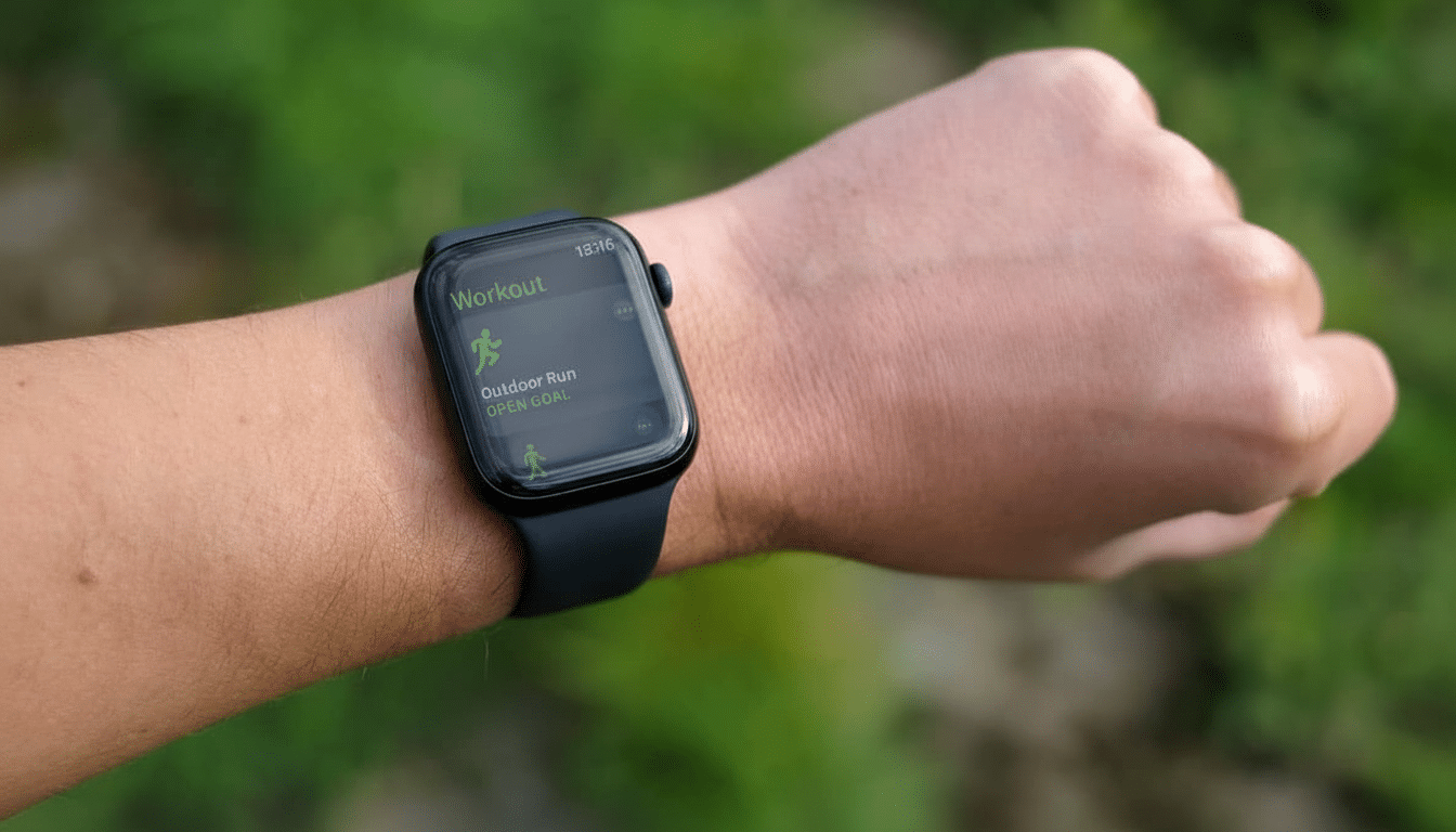 A close -up shot of a persons wrist wearing an Apple Watch, displaying the Workout app with Outdoor Run and Open Goal selected.