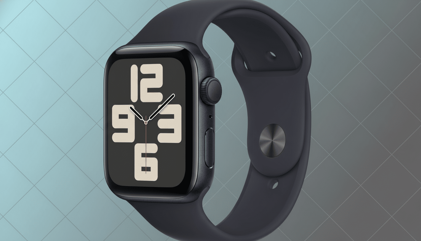 A professional shot of a dark blue Apple Watch with a grey watch face displaying the time, set against a subtle gradient background with a grid patter