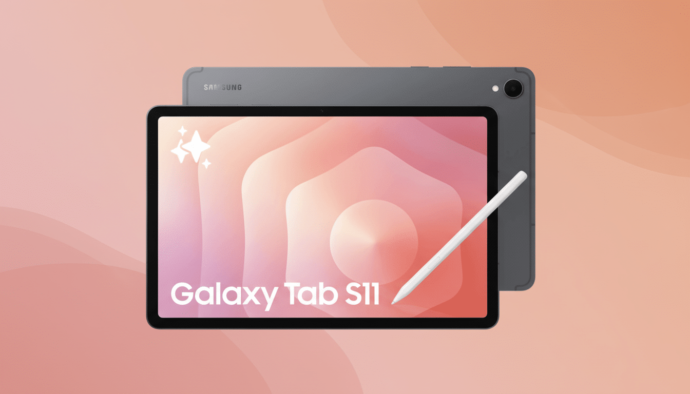 A front and back view of a Samsung Galaxy Tab S1 1 with a stylus , set against a soft coral and peach gradient background. Filename : samsunggalaxy tabs 11. png