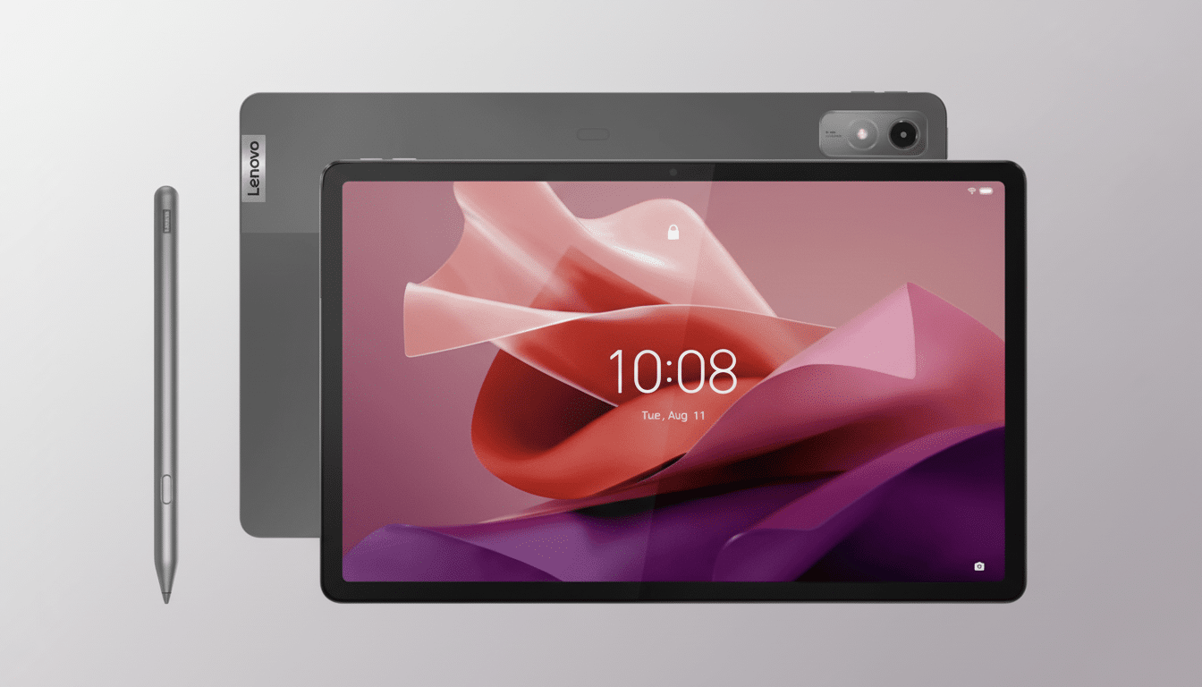 A professional image of a gray Lenovo tablet with a stylus , featuring a vibrant pink and purple abstract background on its screen, set against a soft gradient background. Filename : lenovo tabletstylus professional . png