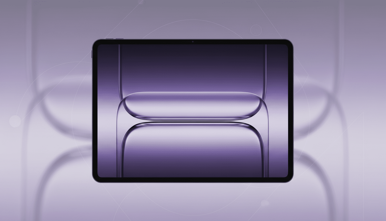 An iPad displaying a purple abstract background, presented on a professional flat design background with soft purple gradients and subtle geometric patterns. Filename : ipadpurple abstractdisplay . png