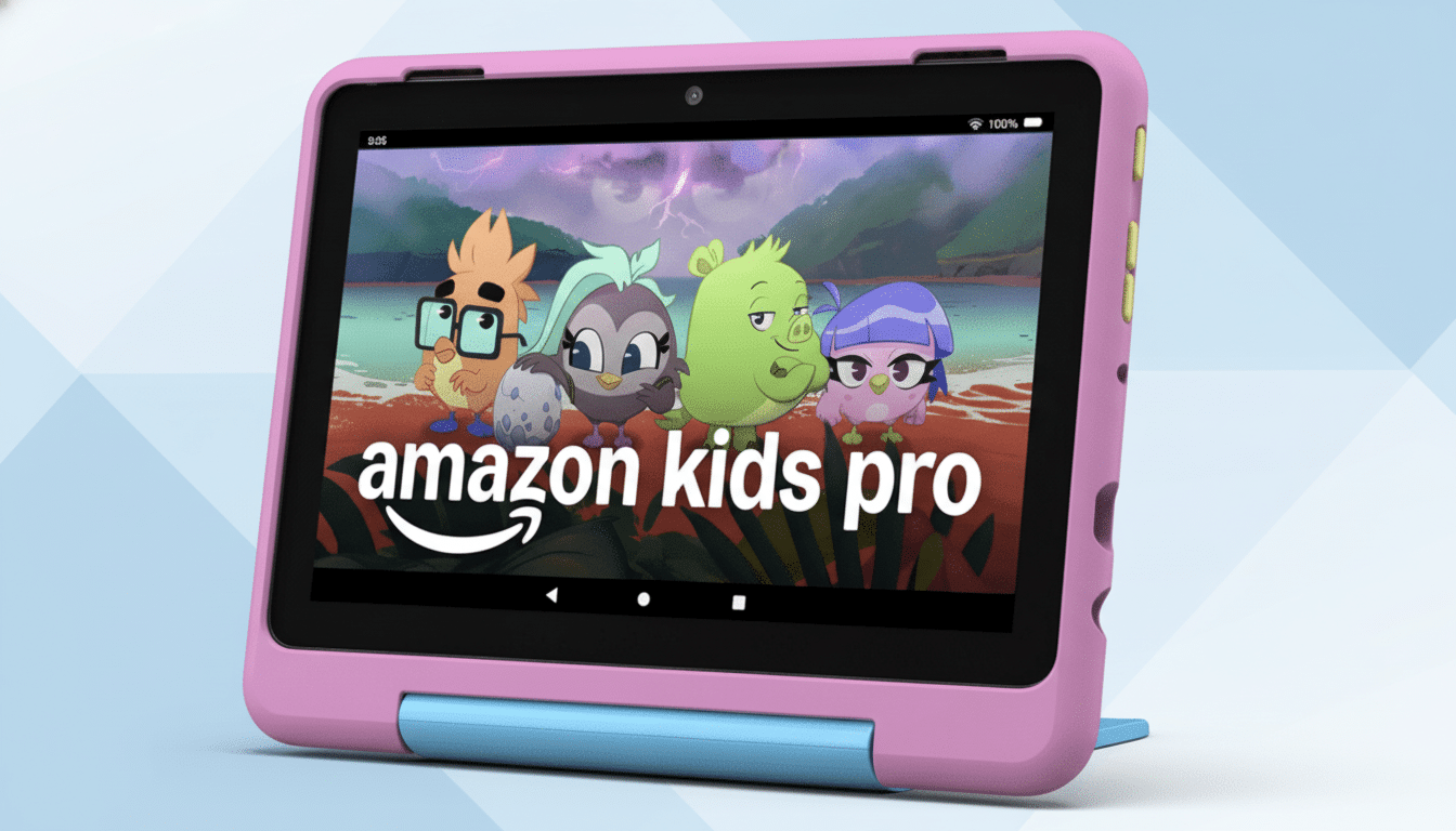** A pink Amazon Kids Pro tablet displaying animated characters on its screen, set against a professional light blue background with a subtle geometric pattern. **