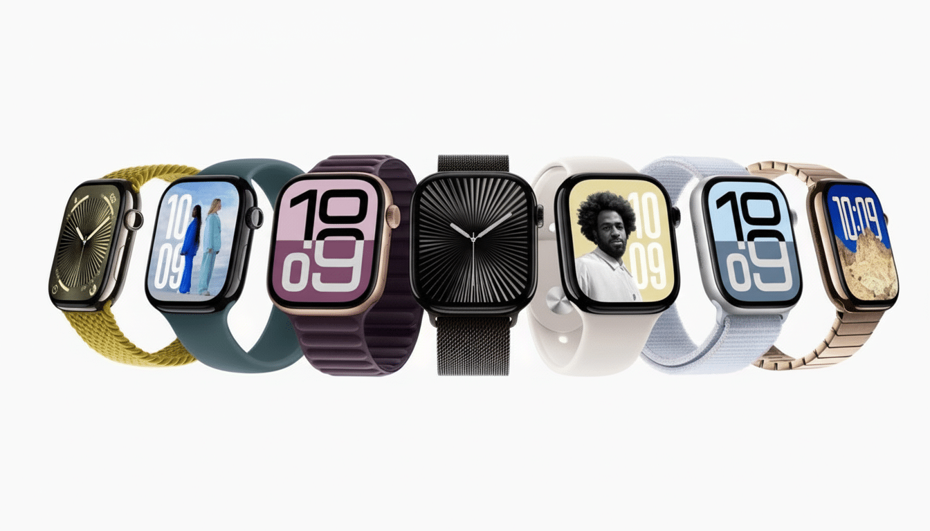 Seven Apple Watches displayed in a row, showcasing various colors and band styles on a white background.