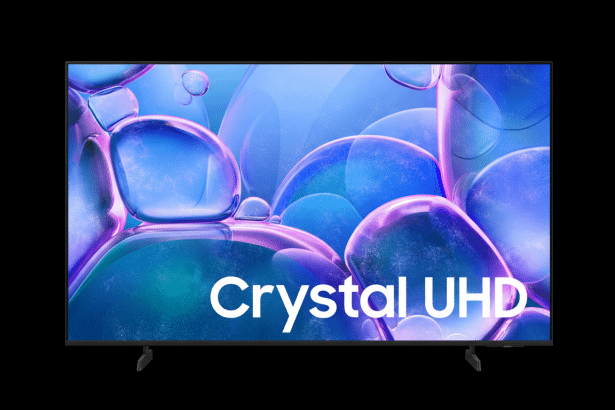 Crystal UHD television with abstract blue and purple background.