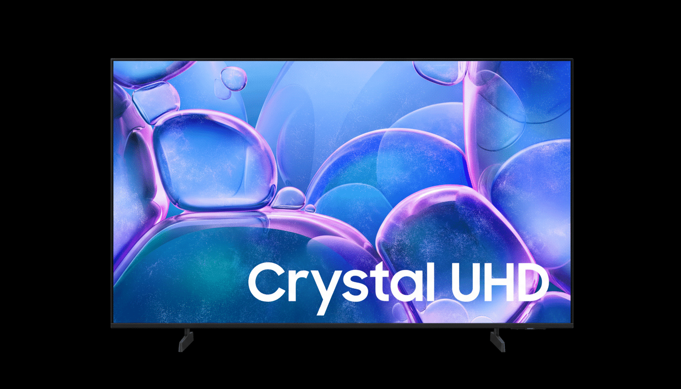 Crystal UHD television with abstract blue and purple background.