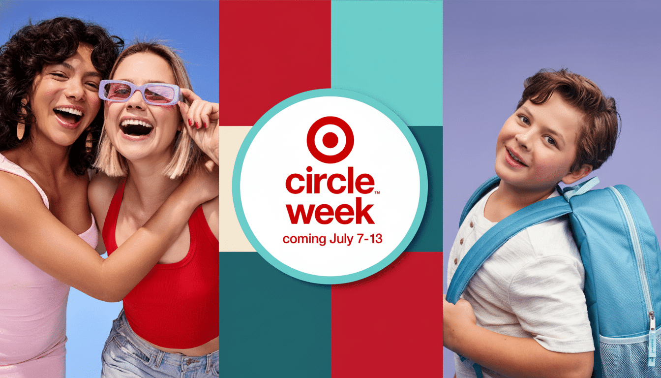 Two smiling young women and a young boy with a backpack are featured in a vibrant collage promoting Target Circle Week, with a central white circle displaying circle week coming July 7-13 and the Target logo. Filename : targetcircle weekpromo . png