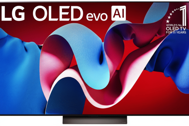 An LG OLED evo AI television displaying colorful , abstract patterns on its screen with a red background, showcasing its World 's No. 1 OLED TV for 11 Years badge .