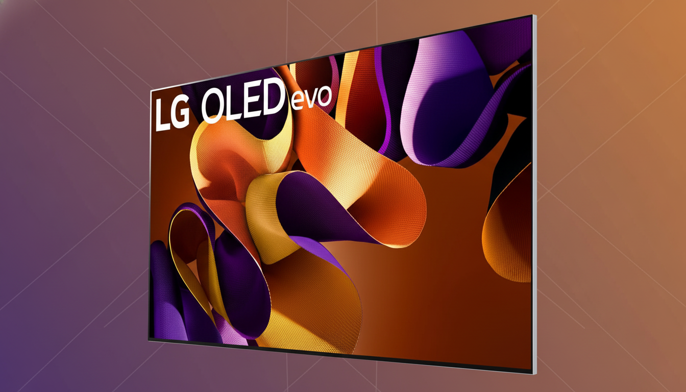 An LG OLED evo TV showcasing a vibrant abstract display with orange, purple , and yellow ribbon -like shapes, set against a professional background with a gradient of purple and orange hues .