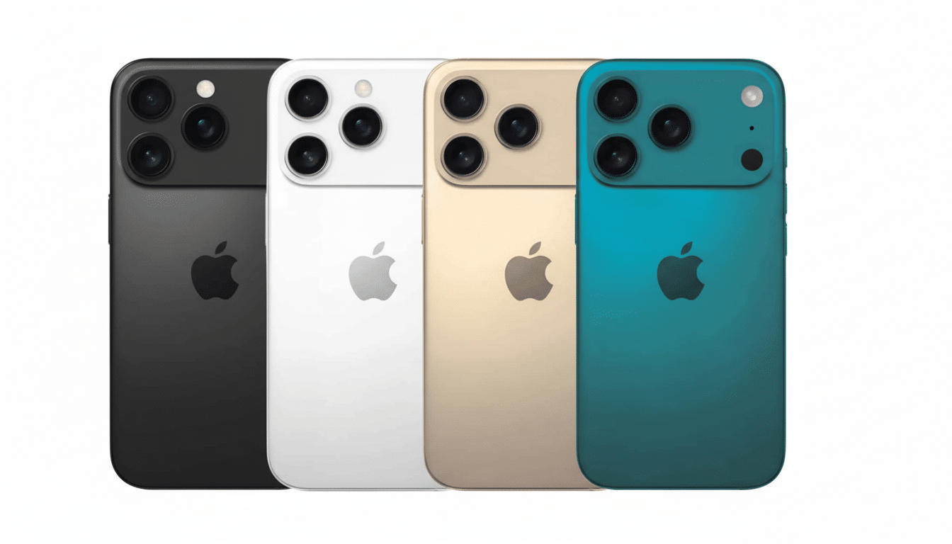Four smartphone devices with Apple logos on their backs, arranged side by side. From left to right, the phones are black, white, gold, and teal. Each