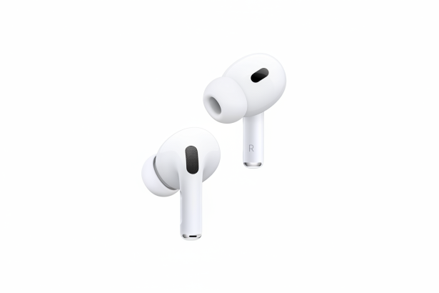 Two white wireless earbuds with R on the right one, presented on a clean white background.