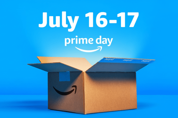 An Amazon Prime Day promotional image featuring an open cardboard box with the Amazon smile logo on a bright blue background. Above the box, the text
