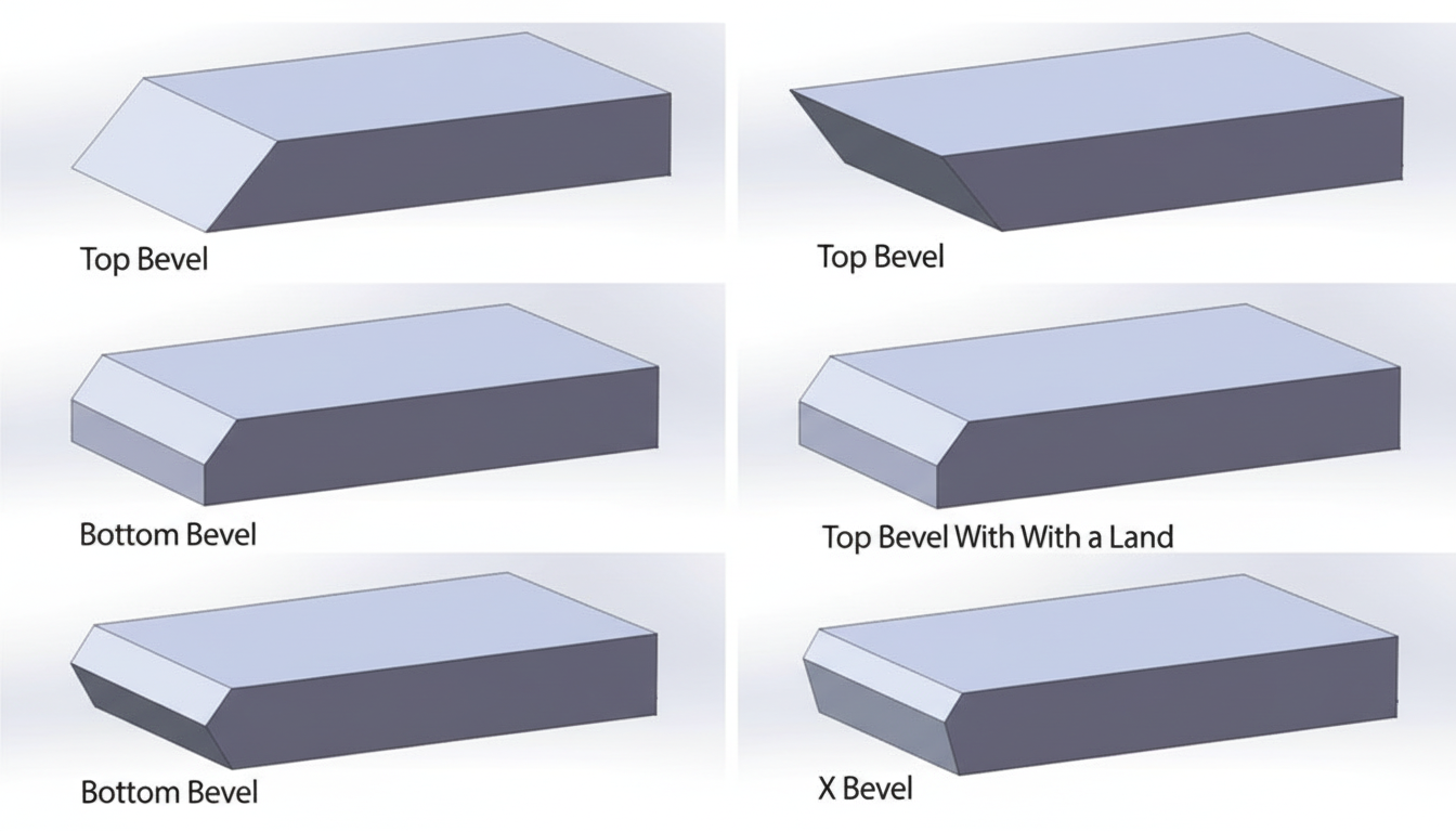 A 16:9 aspect ratio image displaying six different types of bevels on rectangular blocks: Top Bevel, Bottom Bevel, Top Bevel With a Land, Bottom Bevel With a Land, X Bevel, and K Bevel.