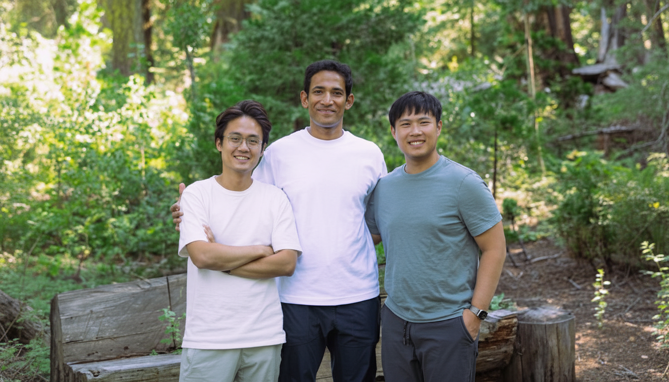 Three men standing in a forest, smiling at the camera.