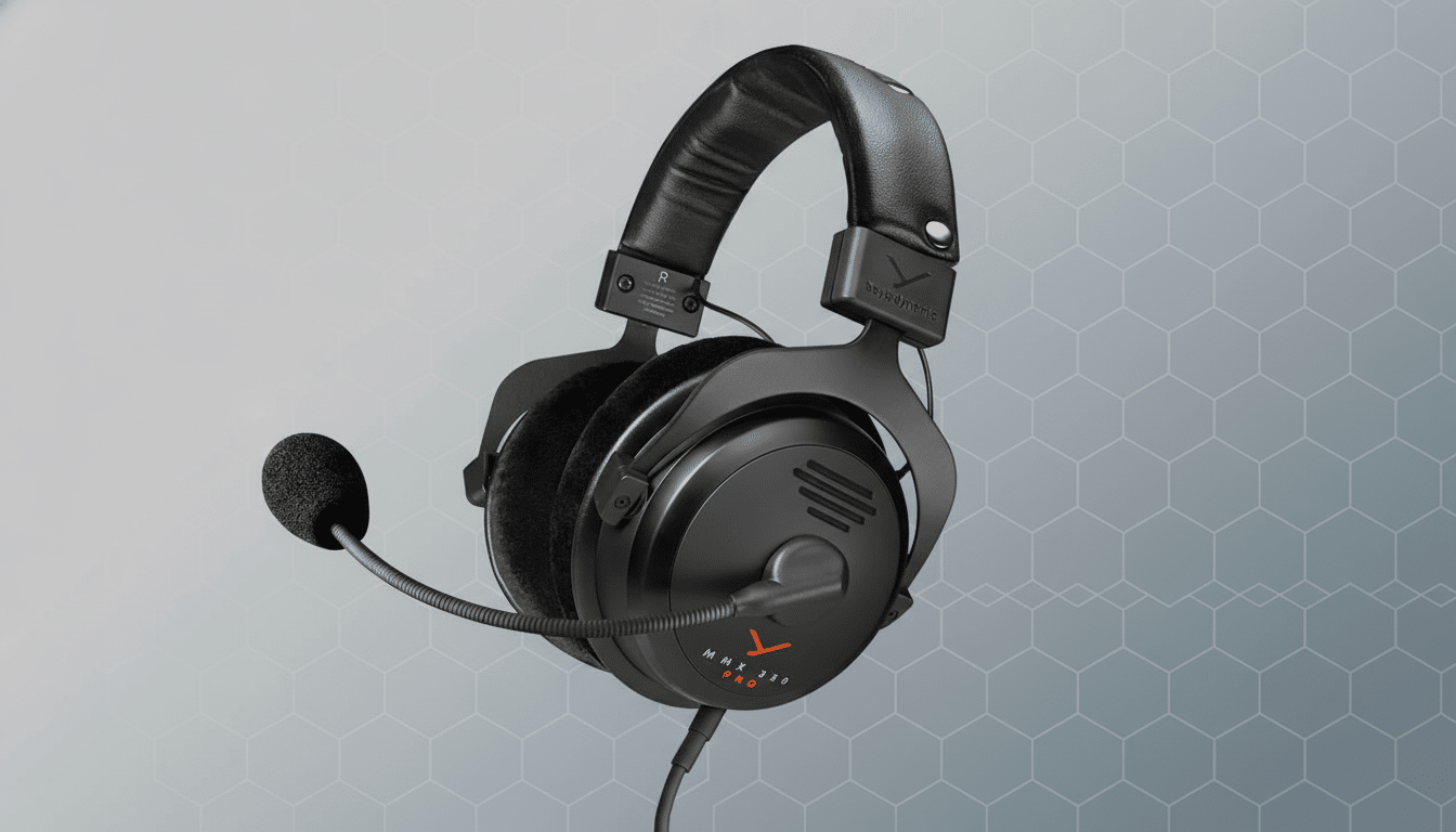 Black Bey erdynamic MMX 30 0 Pro headphones with a microphone, presented on a light grey background with a subtle hexagonal pattern.