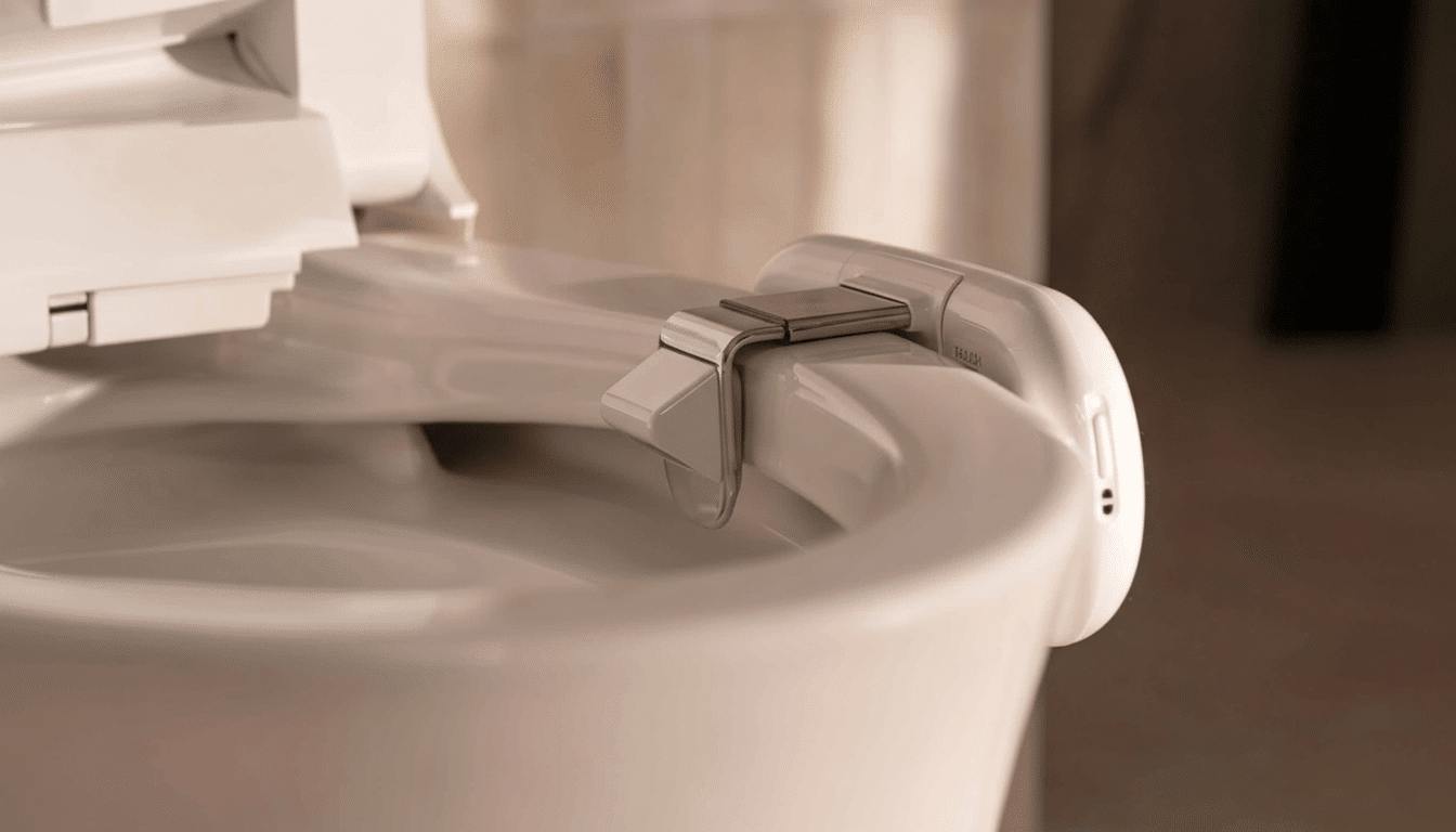 A close -up shot of a modern , white bidet toilet seat attachment with a metallic hinge and controls visible on the side .