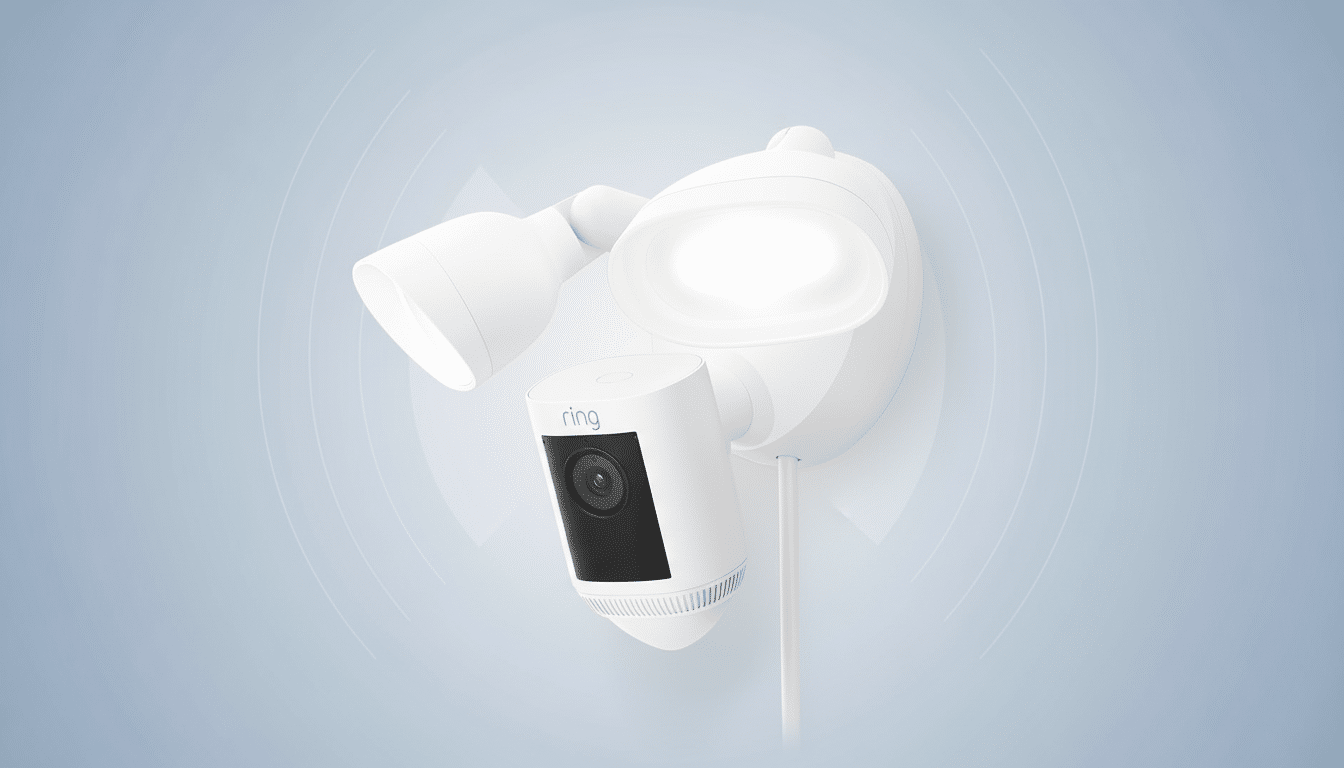 A white Ring Floodlight Cam with two adjustable lights and a camera , mounted on a wall with a soft blue gradient background and subtle circular patterns.