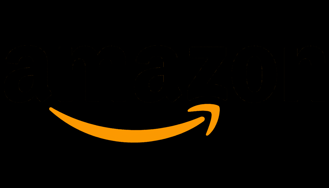 ** The Amazon logo in black with an orange arrow underneath , resized to a 16: 9 aspect ratio with a black background. **