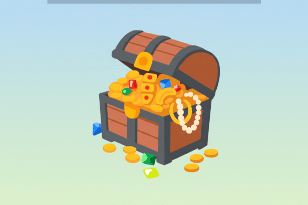 An open treasure chest filled with gold coins, jewels, and a pearl necklace, presented on a soft gradient background.