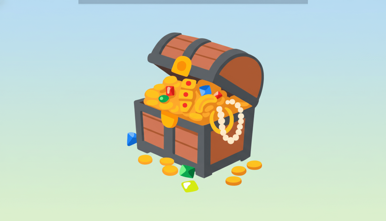 An open treasure chest filled with gold coins, jewels, and a pearl necklace, presented on a soft gradient background.