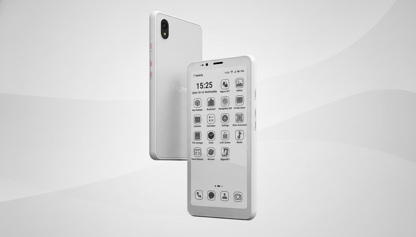 A white Bigme smartphone with a textured back and a front display showing a grid of app icons, presented on a professional flat design background with a subtle gradient.