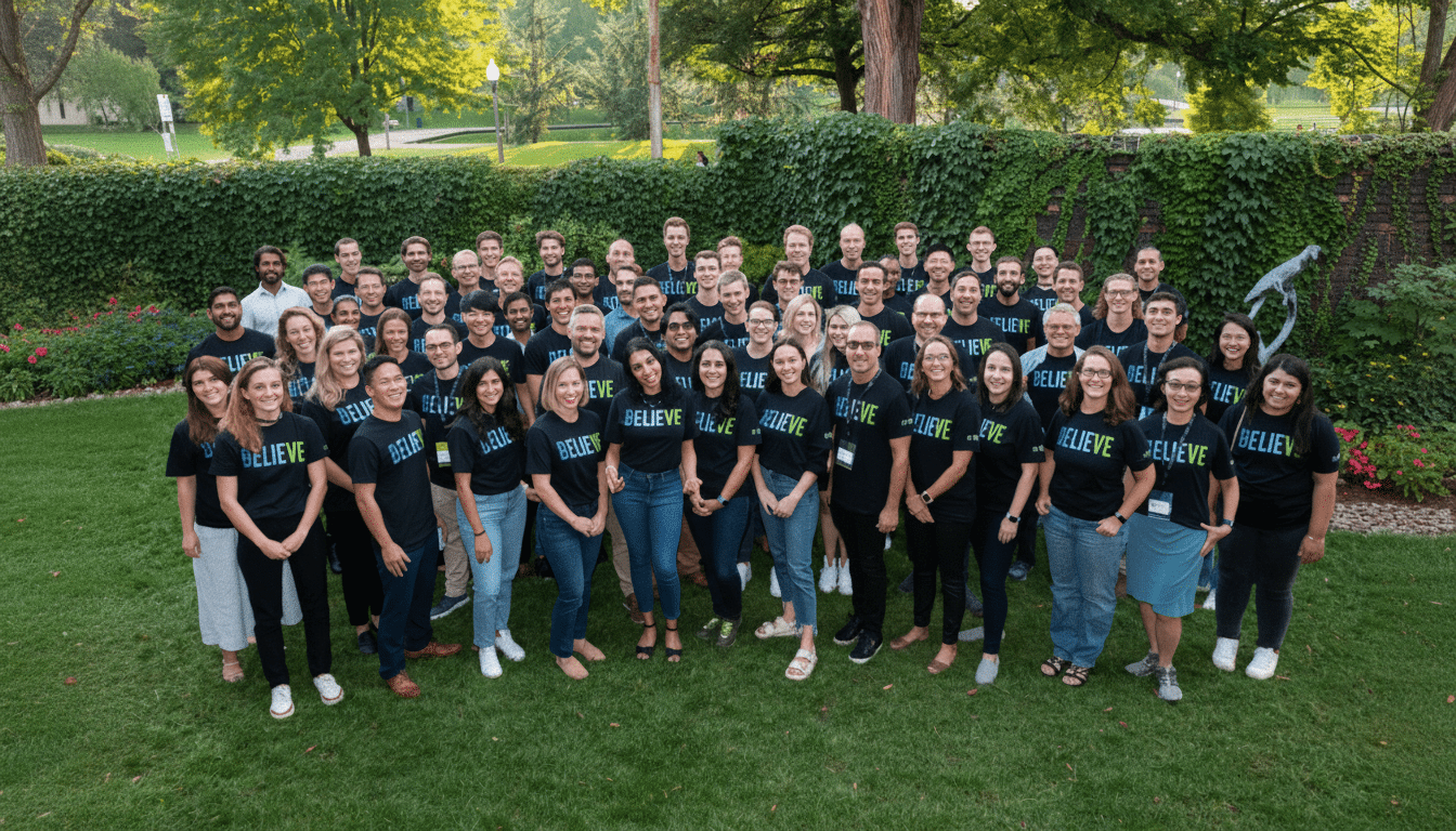 A large group of people wearing black t-shirts with BELIE VE written on them, standing on a grassy lawn with a backdrop of green ivy and trees.