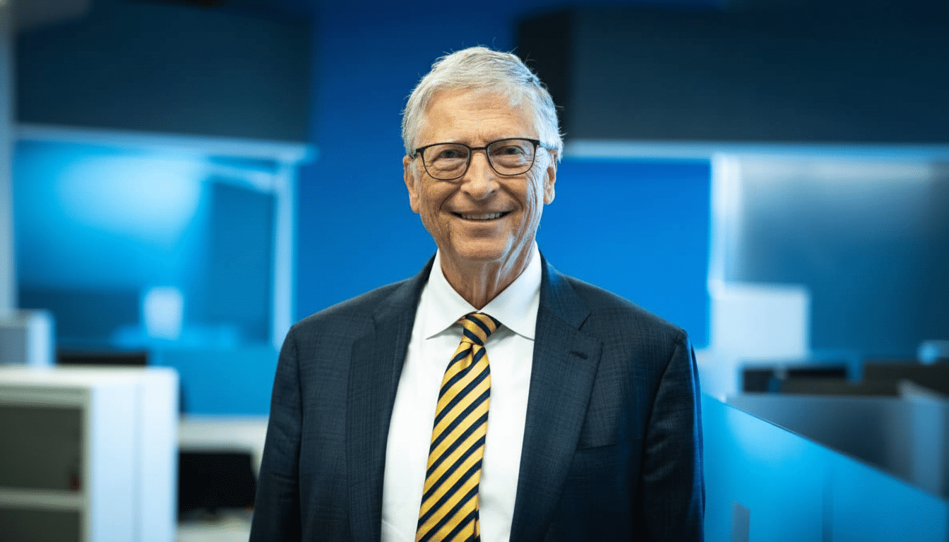 Bill Gates smiling in a professional setting, wearing a suit and a yellow and blue striped tie.