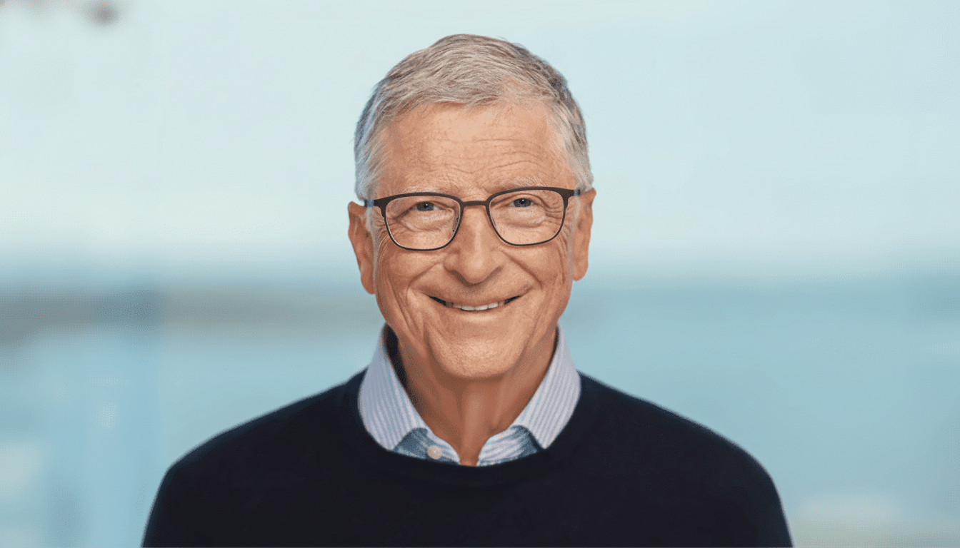 A professional portrait of Bill Gates smiling , wearing glasses and a dark sweater over a coll ared shirt, against a slightly blurred light blue background .