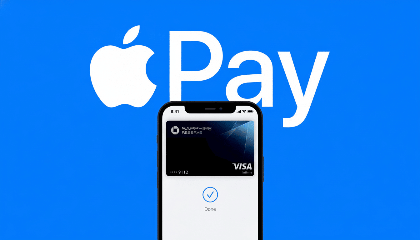 An iPhone displaying a Chase Sapphire Reserve Visa Infinite card within the Apple Pay interface , set against a vibrant blue background with the white Apple Pay logo .