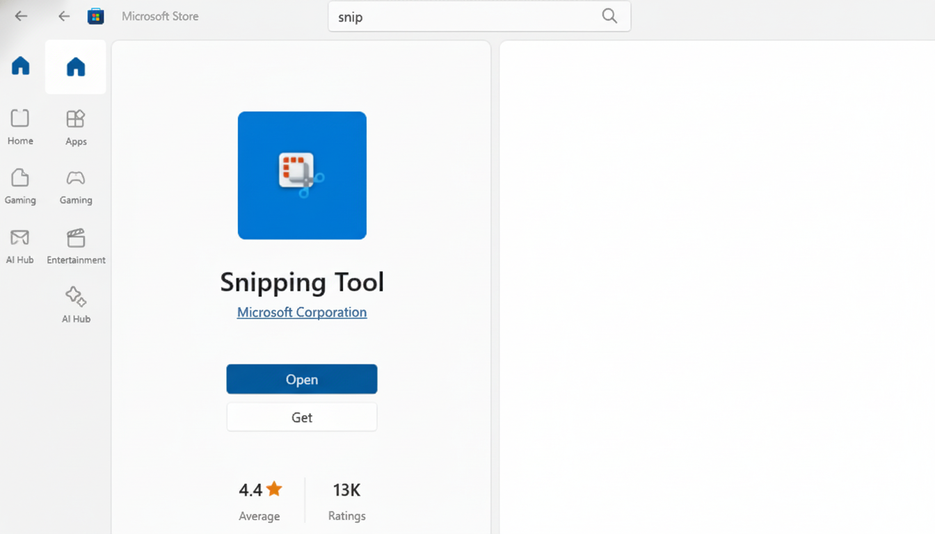 A screenshot of the Microsoft Store page for the Snipping Tool, showing its icon, title, developer, Open and Get buttons, and user ratings.