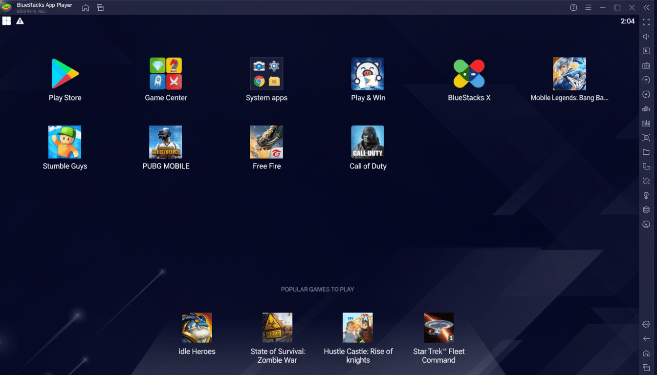 Screenshot of BlueStacks App Player interface with various game icons and system apps displayed.