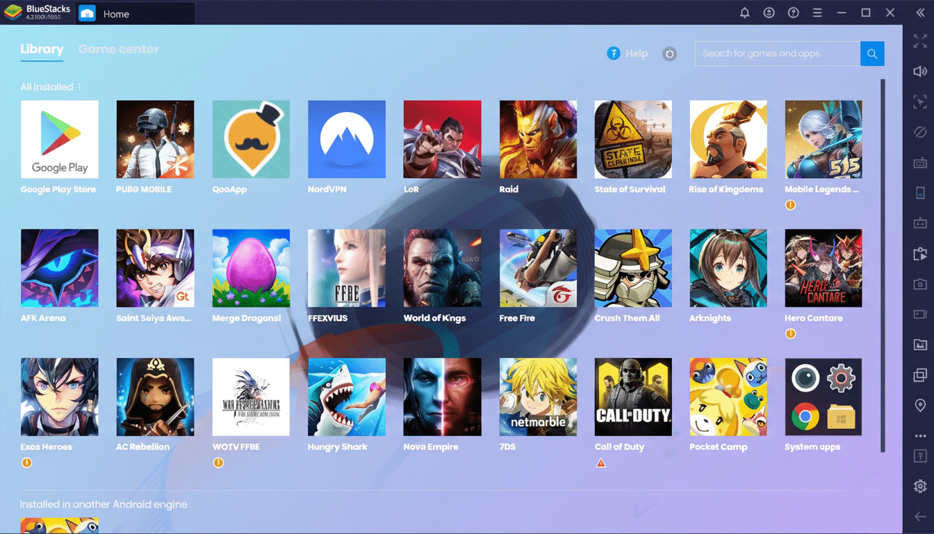 A screenshot of the BlueStacks Android emulator showing a grid of various mobile game icons on the Library tab with a professional, clean background.