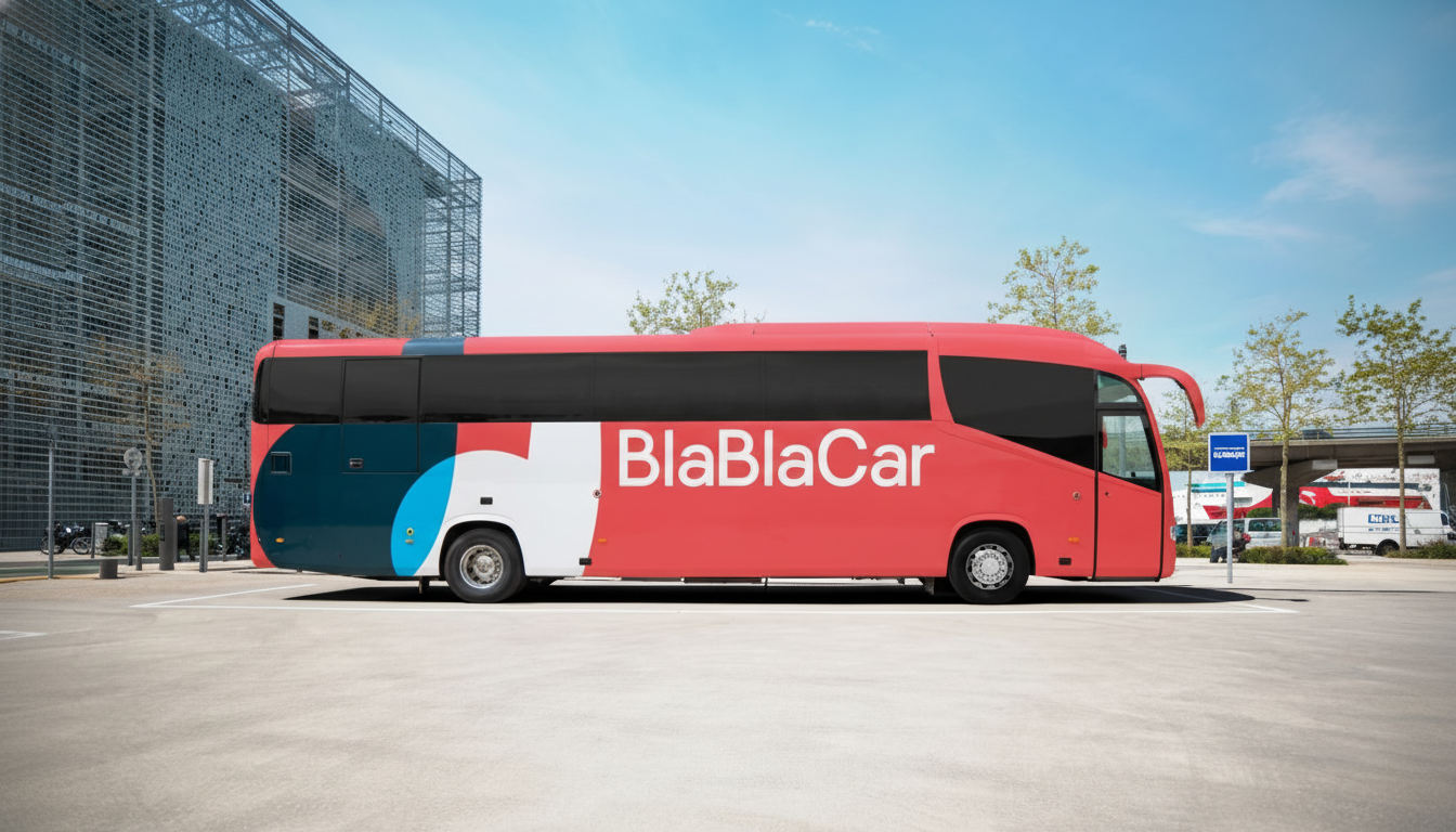 A red BlaBlaCar bus parked in a lot with a building and trees in the background, resized to a 16:9 aspect ratio.