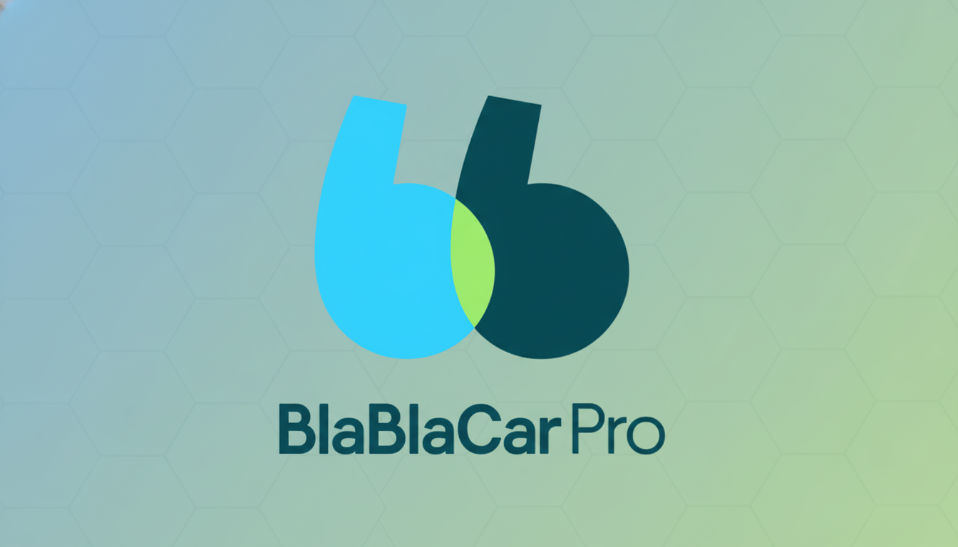The BlaBlaCar Pro logo, featuring two overlapping speech bubble shapes in blue and dark teal, with a light green intersection, above the text BlaBlaCar Pro in dark teal, set against a professional flat design background with soft gradients and subtle hexagonal patterns.