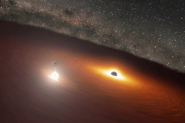 An artist 's rendering of a black hole with a bright accretion disk , orbiting a binary star system, set against a star -filled background.