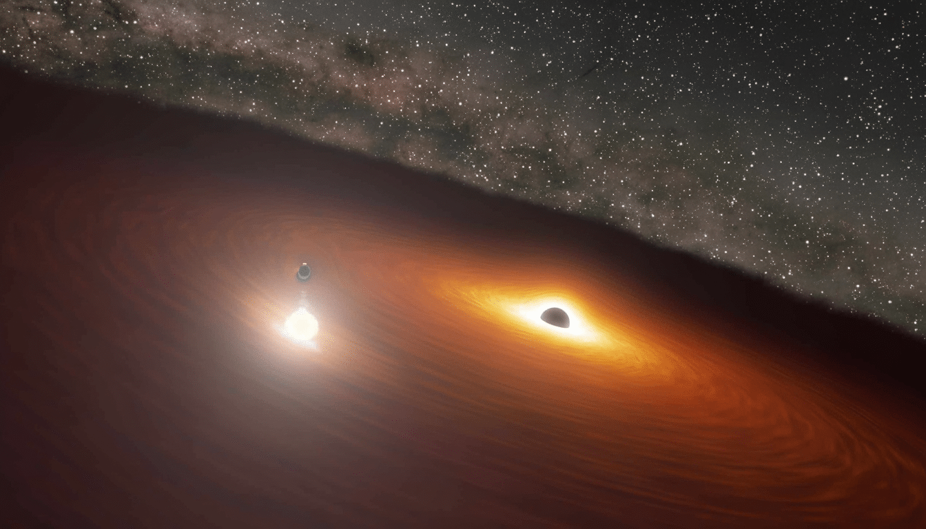 An artist 's rendering of a black hole with a bright accretion disk , orbiting a binary star system, set against a star -filled background.