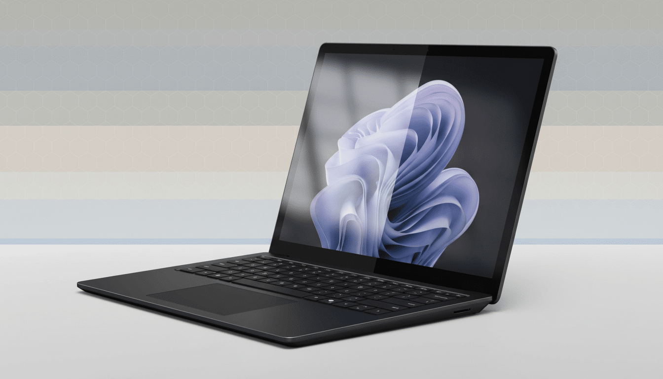 A professional shot of a black laptop, open with a purple and white abstract design on the screen. The background is a soft gradient of light blues, g