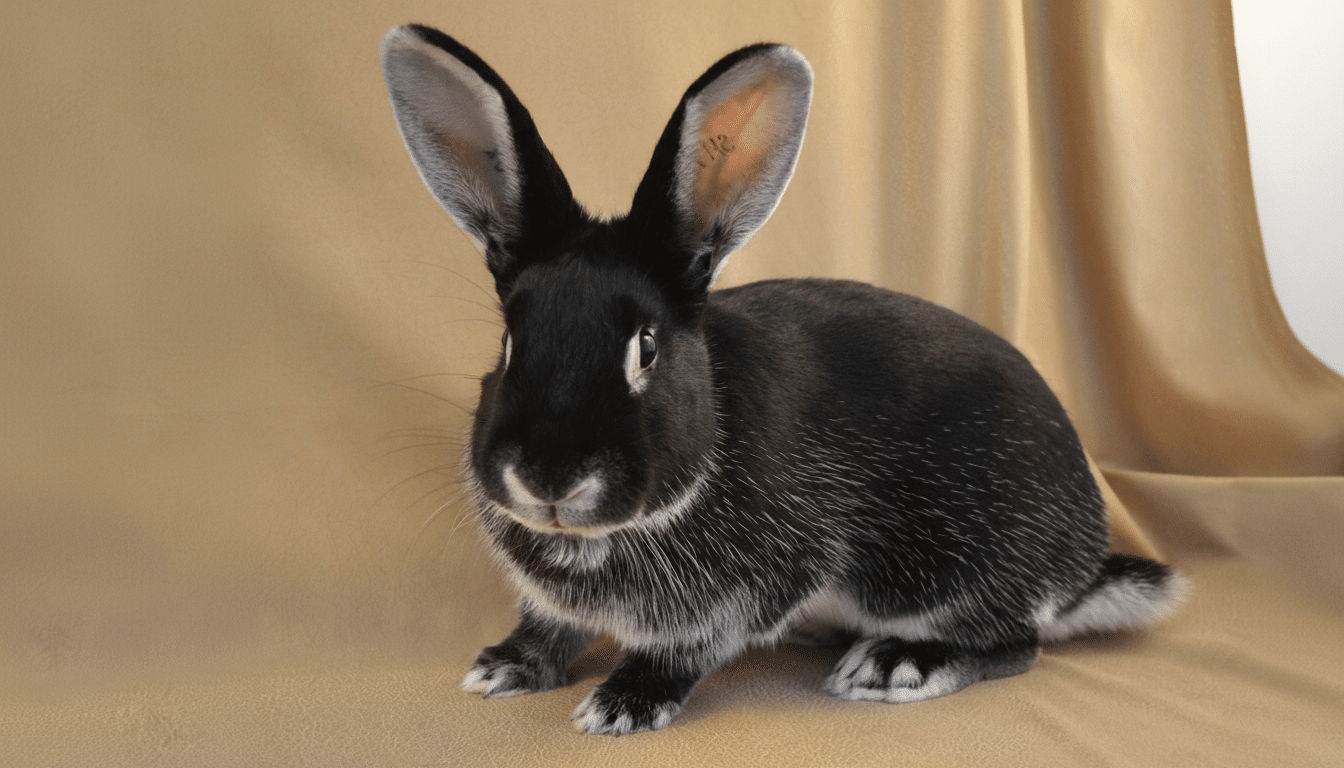 A black rabbit with long ears and white fur around its mouth and chest, sitting on a tan fabric background.