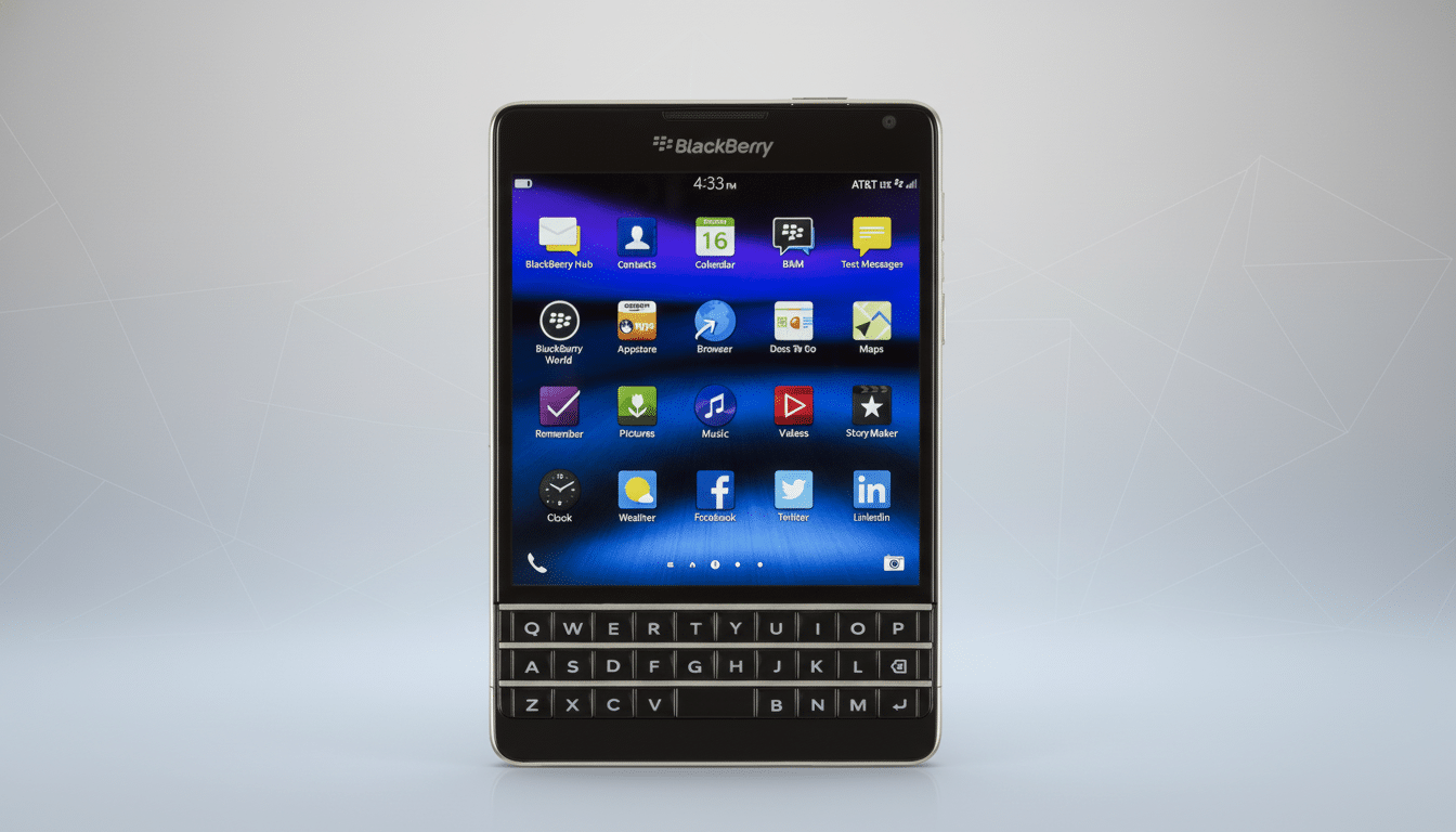 A professional, enhanced image of a Blackberry Passport smartphone with its screen displaying various app icons and a QWERTY keyboard, set against a s