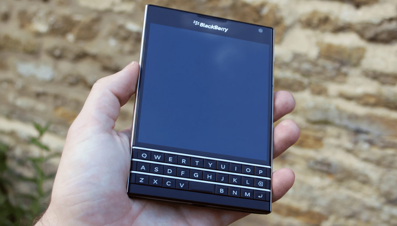 A hand holding a Blackberry Passport phone with its physical Q WERTY keyboard visible, against a blurred stone wall background.